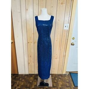 vtg retro 80s style dark blue sparkly pseudo sequin long formal/cocktail dress